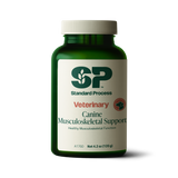 A bottle of Canine Musculoskeletal Support, a powder supplement for dogs’ muscles, ligaments and bone health, next to an image of the powder supplement.