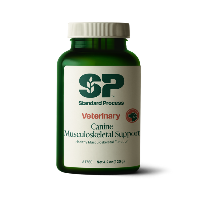 A bottle of Canine Musculoskeletal Support, a powder supplement for dogs’ muscles, ligaments and bone health, next to an image of the powder supplement.